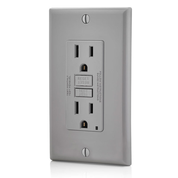 Leviton GFCI Receptacle, 15A, 125Vac, 5-15R, Gray GFNT1-GY